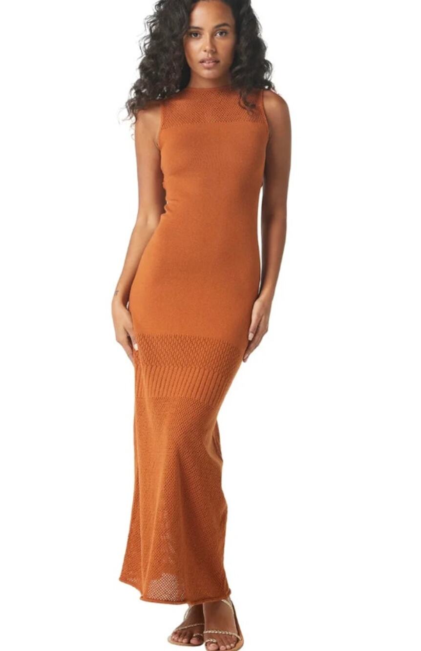 Misa Los Angeles Dress XS Clara Maxi Knit Cutout in Orange Canyon Boho Summer